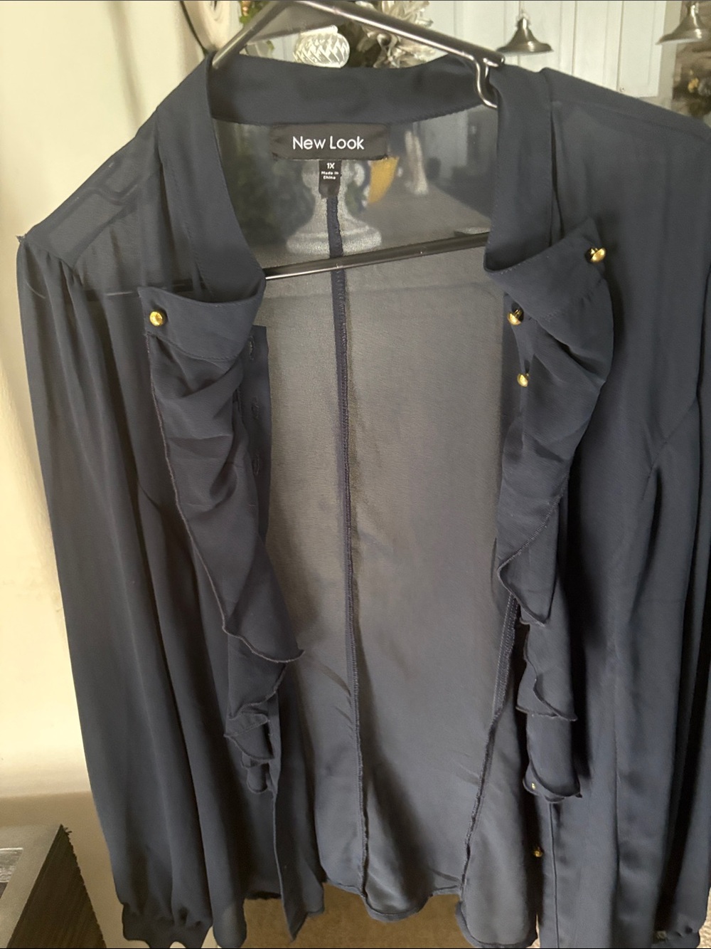 New Look Navy Ruffle-Front Shirt with Gold Buttons